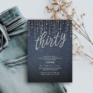 Denim Diamond Glitter Drips Modern 30th Birthday Invitation