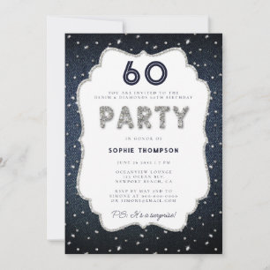 Denim Diamond Glitter Frame 60th Birthday Party Invitation