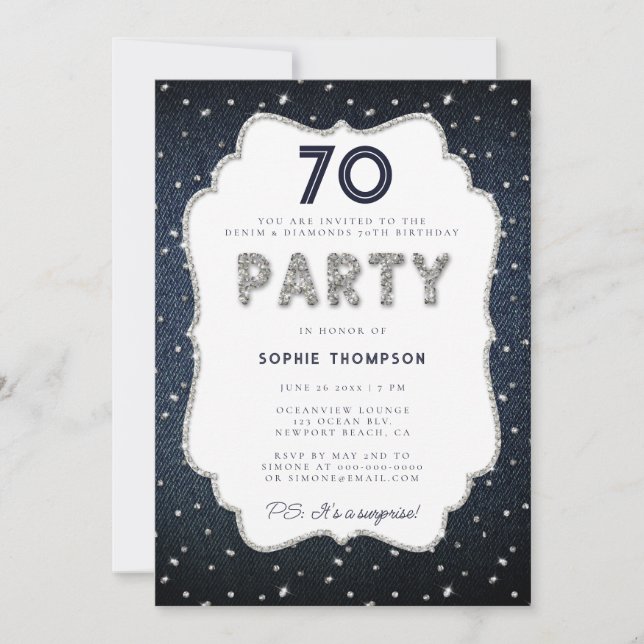 Denim Diamond Glitter Frame 70th Birthday Party Invitation (Front)