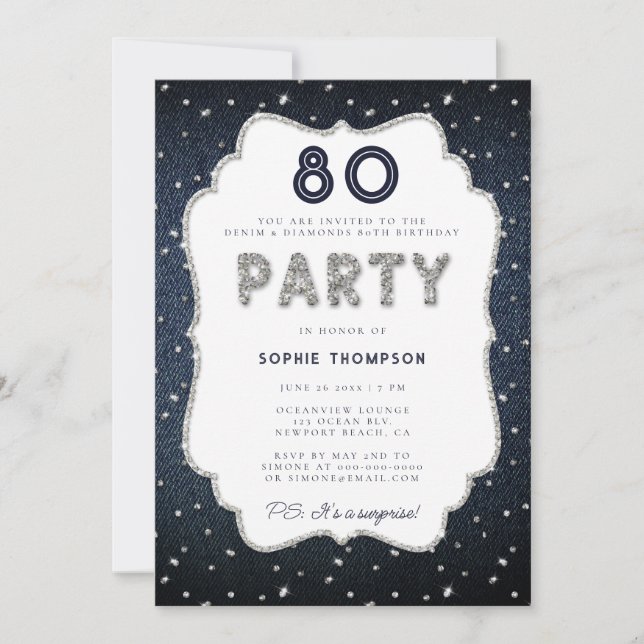 Denim Diamond Glitter Frame 80th Birthday Party Invitation (Front)