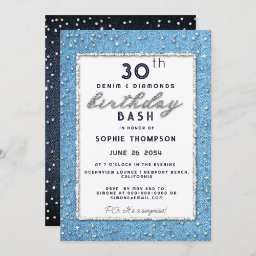 Denim Diamond Glitter Frame Any Age Birthday Party Invitation