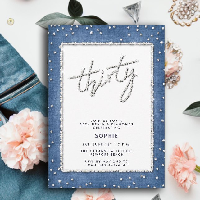 Denim Diamond Glitter Frame Simple 30th Birthday Invitation (denim diamonds 30th birthday for women elegant rhinestones modern calligraphy simple frame classy)