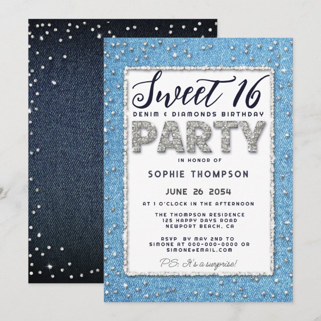 Denim Diamond Glitter Frame Sweet 16 Party Girly Invitation (Front/Back)