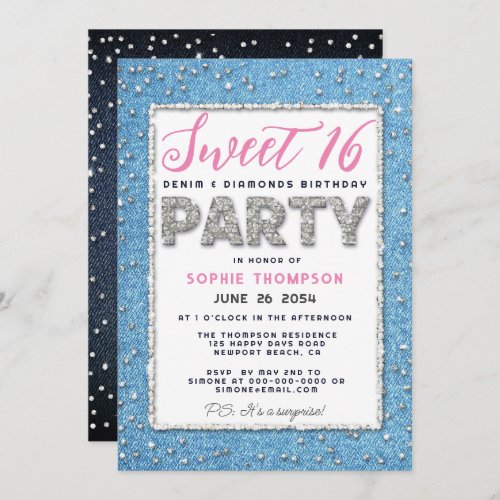 Denim Diamond Glitter Frame Sweet 16 Party Pink Invitation