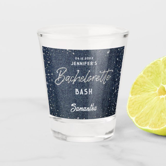 Denim Diamond Glitter Rhinestone Navy Bachelorette Shot Glass (Front)