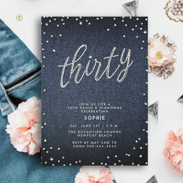 Denim Diamond Glitter Simple Modern 30th Birthday Invitation (denim diamonds 30th birthday invitation for women modern calligraphy simple rhinestones classy)