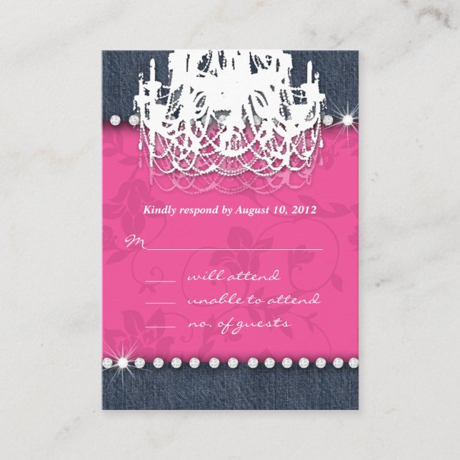 Denim Diamond Wedding Floral Pink Chandelier Reply Enclosure Card (Front)
