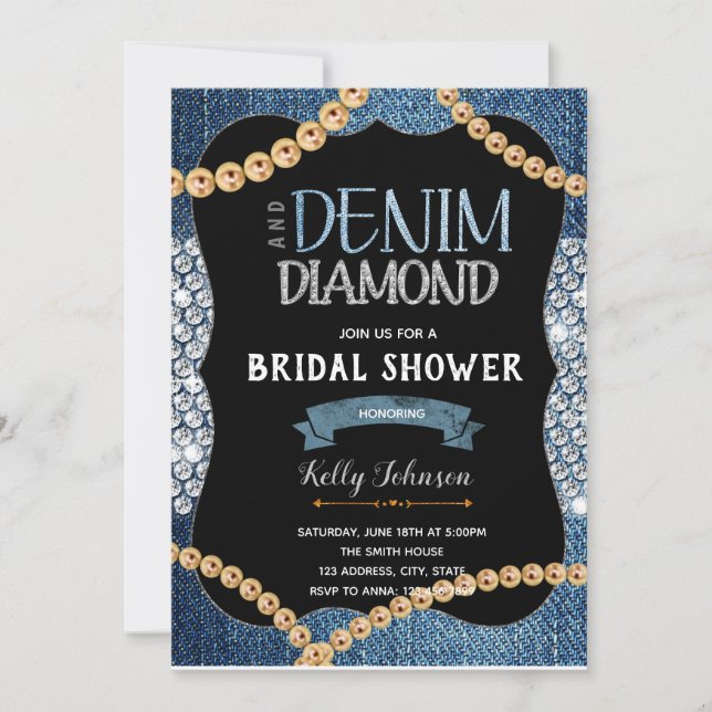 Denim diamonds and gold pearls Invitation (Front)