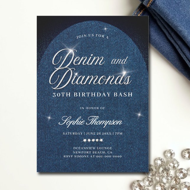 Denim Diamonds Arch Script 30th Birthday Party Invitation (denim and diamonds invitation template 30th 50th sweet 16 elegant classy arch script)