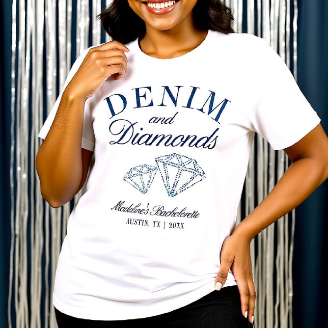 Denim Diamonds Bachelorette Party Crew Custom Tri-Blend Shirt (denim diamonds bachelorette shirt navy blue white matching bride crew cowgirl girls trip)