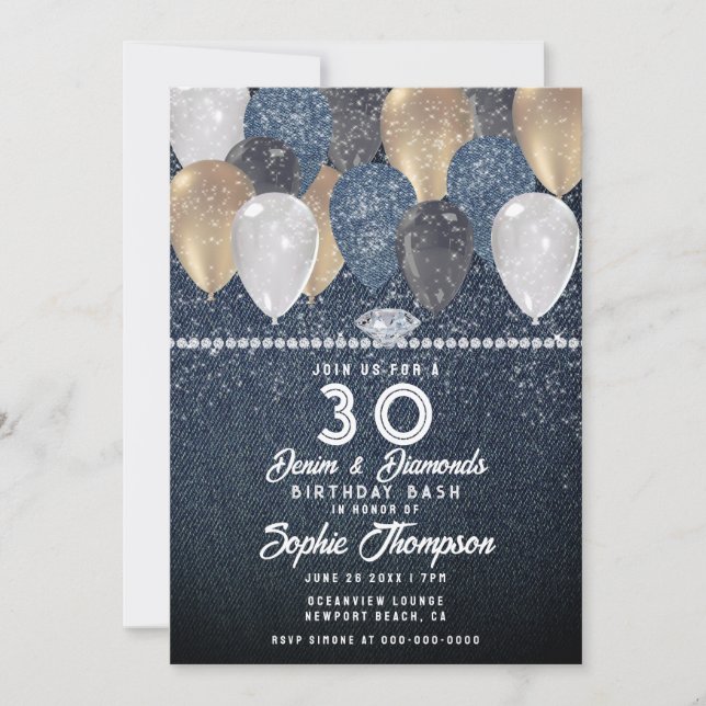 Denim Diamonds Balloon Sparkle 30th Birthday Party Invitation (Front)