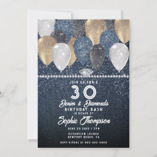 Denim Diamonds Balloon Sparkle 30th Birthday Party Invitation