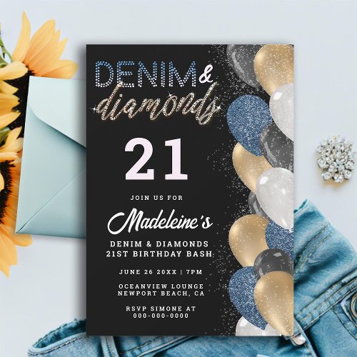 Denim Diamonds Balloons Arch Modern 21st Birthday Invitation