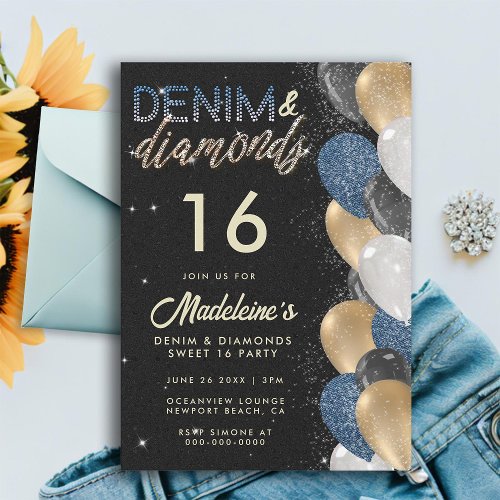 Denim Diamonds Balloons Arch Sweet 16 Birthday Invitation
