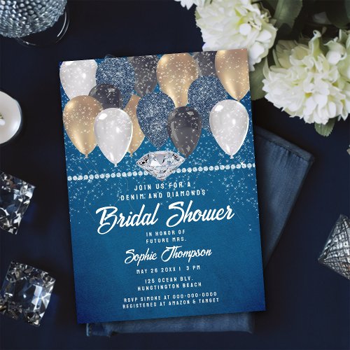 Denim Diamonds Balloons Glitter Teal Bridal Shower Invitation