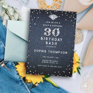 Denim Diamonds Bling 30th Birthday Party Invitation
