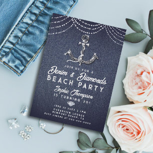 Denim Diamonds Bling Anchor Beach Birthday Party Invitation