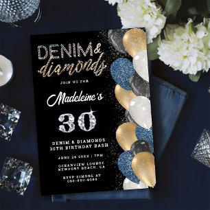 Denim Diamonds Bling Balloons Black Birthday Party Invitation