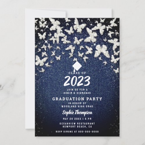 Denim Diamonds Bling Butterflies Graduation Party Invitation