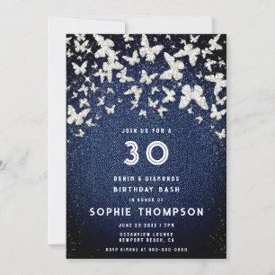 Denim Diamonds Bling Butterfly 30th Birthday Party Invitation