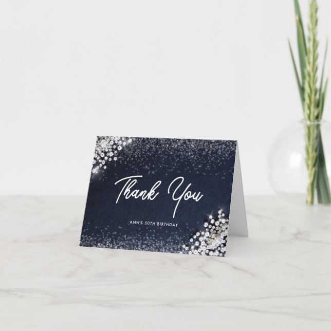 Denim Diamonds Bling Classy Elegant Blue Folded Thank You Card (Front)