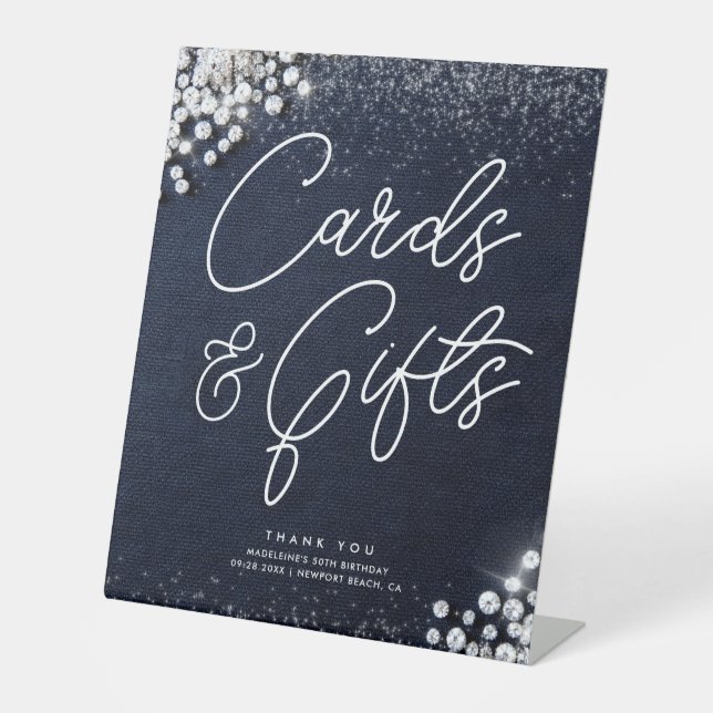 Denim Diamonds Bling Classy Elegant Cards Gifts Pedestal Sign (Front)
