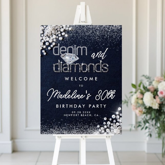 Denim Diamonds Bling Classy Elegant Party Welcome Foam Board (denim and diamonds party welcome sign birthday for women white elegant classy blue white)