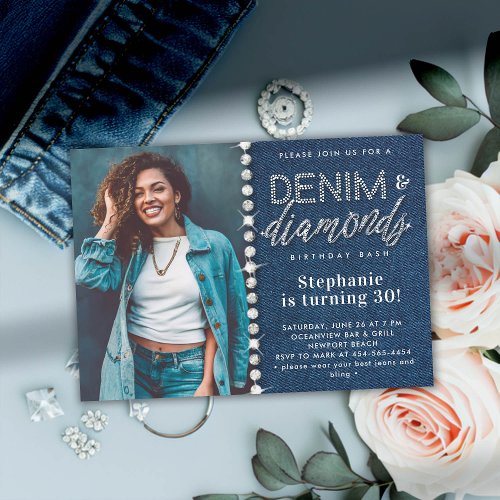 Denim Diamonds Bling Classy Photo 30th Birthday Invitation