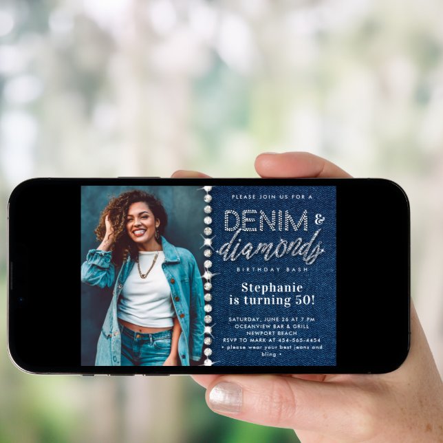 Denim Diamonds Bling Classy Photo 50th Birthday Invitation (Front Digital)