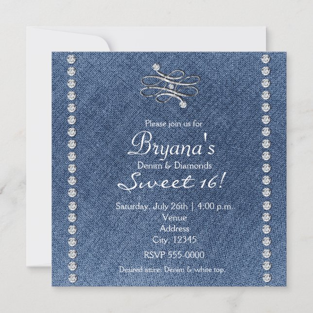 Denim Diamonds Bling Emblem Sweet 16 Invitation (Front)