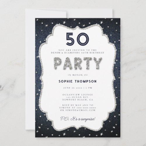 Denim Diamonds Bling Frame 50th Birthday Party Invitation