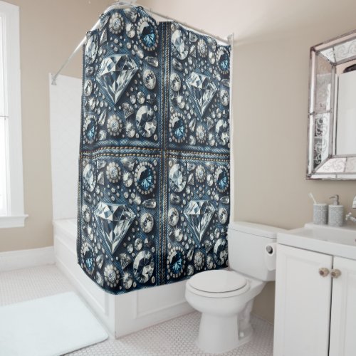 Denim  Diamonds Bling Gemstone Glam Jewels Shower Curtain