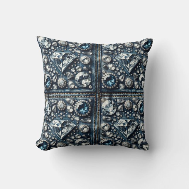 Denim & Diamonds Bling Gemstone Glam Jewels Throw Pillow (Front)