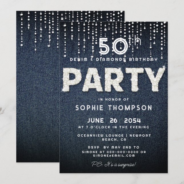 Denim Diamonds Bling Glitter Classy Birthday Party Invitation (Front/Back)