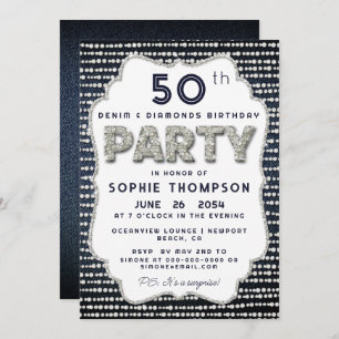 Denim Diamonds Bling Glitter Frame Birthday Party Invitation