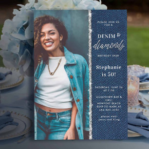Denim Diamonds Bling Glitter Photo 50th Birthday Invitation