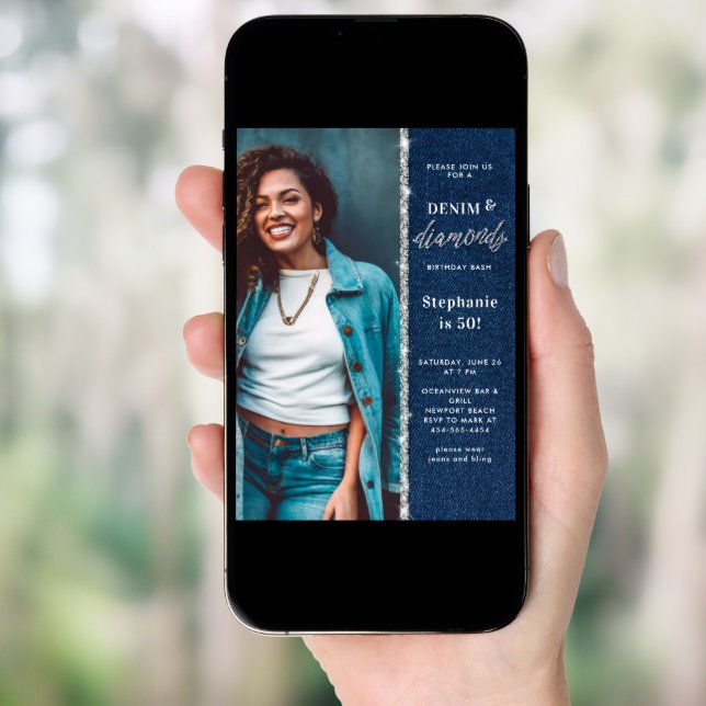 Denim Diamonds Bling Glitter Photo 50th Birthday Invitation (Front Digital)