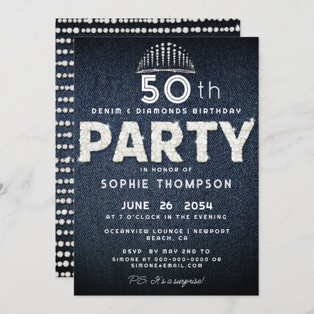 Denim Diamonds Bling Glitter Tiara Birthday Party Invitation (Front/Back)