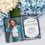 Denim Diamonds Bling Pearls Photo 50th Birthday Invitation<br><div class="desc">A denim, diamonds and pearls, modern, elegant and classy 50th birthday party invitation template for women that will put your classy, sparkly foot forward. It features a denim background, custom calligraphy and typography for the words "denim" and "diamonds", modern typography in white, a string of rhinestones with sparkles (these are...</div>