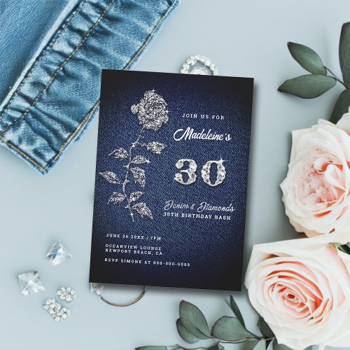 Denim Diamonds Bling Rose 30th Birthday Party Invitation