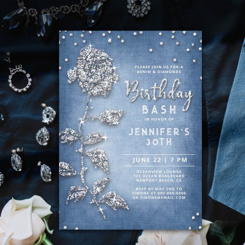 Denim Diamonds Bling Rose White Blue 30th Birthday Invitation