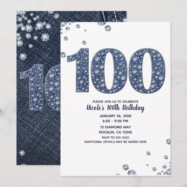 Denim & Diamonds Bling Sparkle 100TH 100 Birthday Invitation (Front/Back)