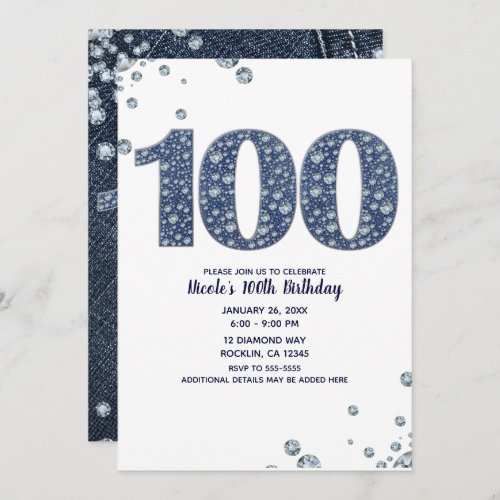 Denim  Diamonds Bling Sparkle 100TH 100 Birthday Invitation