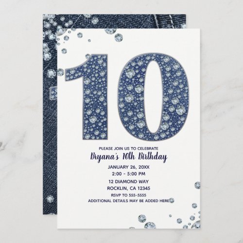 Denim  Diamonds Bling Sparkle 10th 10 Birthday Invitation