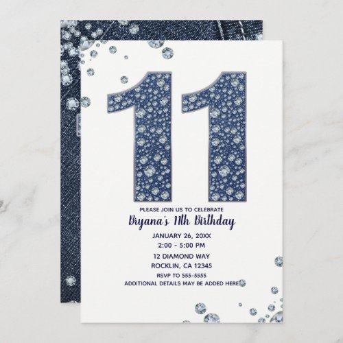 Denim  Diamonds Bling Sparkle 11th 11 Birthday Invitation