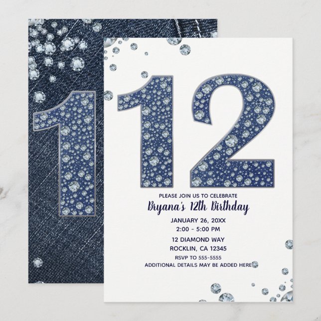 Denim & Diamonds Bling Sparkle 12th 12 Birthday Invitation (Front/Back)