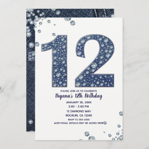 Denim & Diamonds Bling Sparkle 12th 12 Birthday Invitation