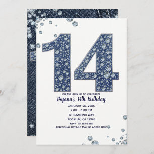 Denim & Diamonds Bling Sparkle 14th 14 Birthday Invitation