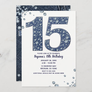 Denim & Diamonds Bling Sparkle 15TH 15 Birthday Invitation