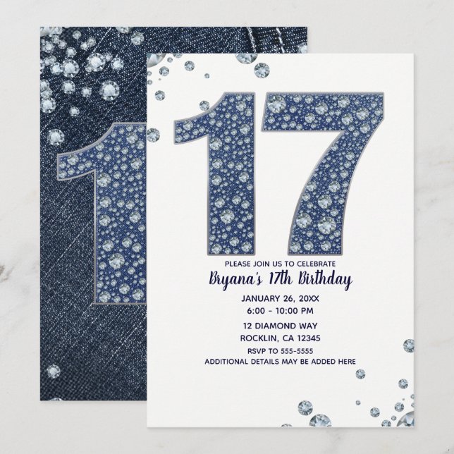 Denim & Diamonds Bling Sparkle 17TH 17 Birthday Invitation (Front/Back)